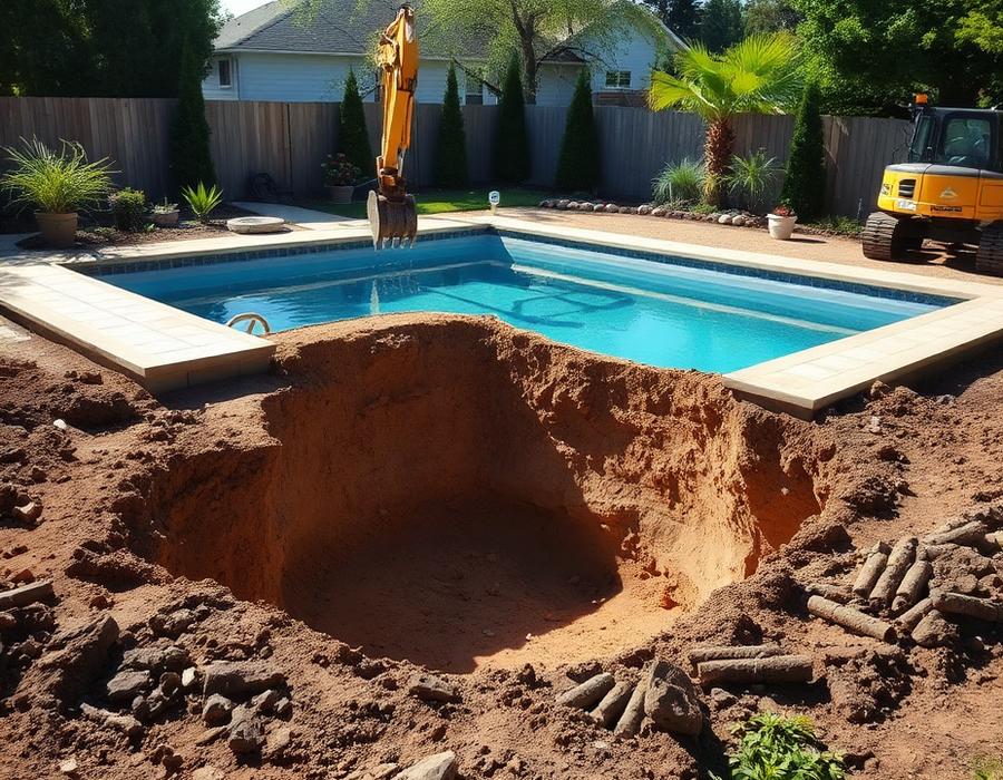 Escavação de piscina em quintal residencial