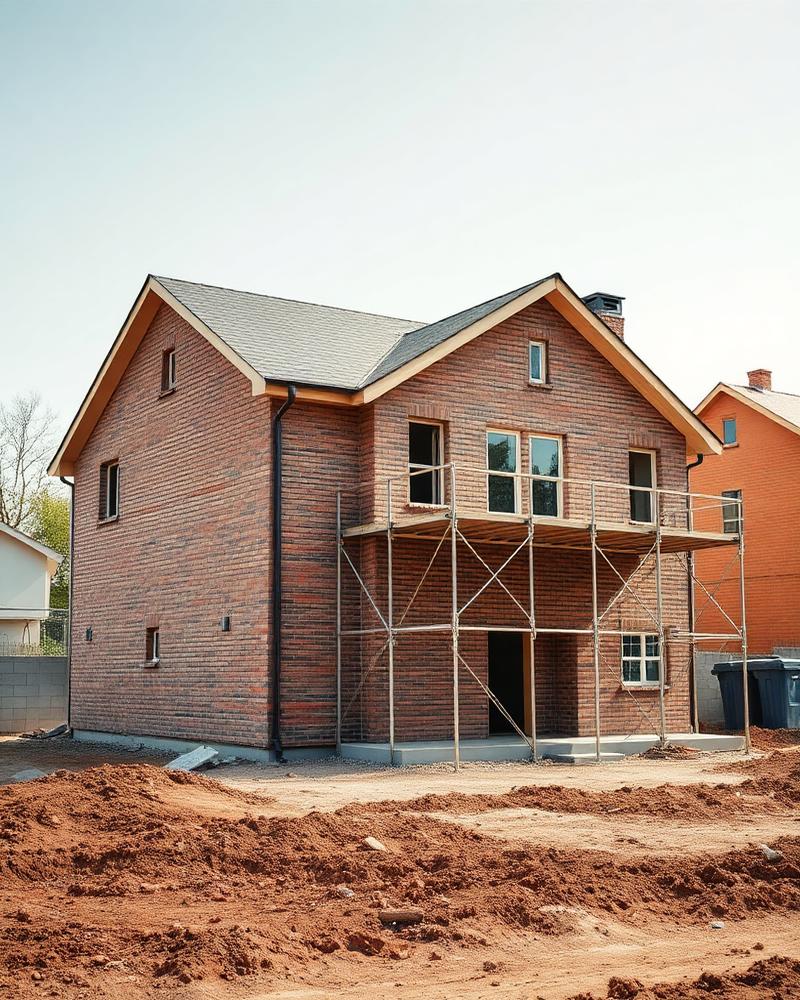Casa residencial em construção com terreno preparado